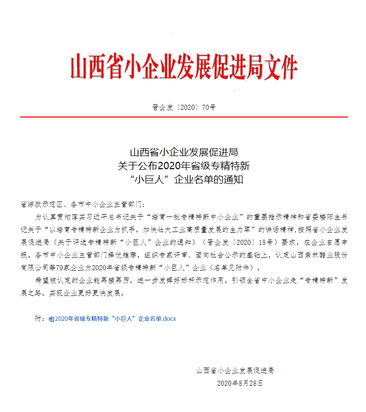 喜訊！熱烈慶祝我司被認定為山西省“專精特新”小巨人企業(yè)！